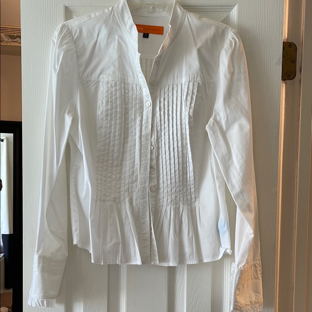 Cynthia Steffe White Long Sleeve Pleated Mandarin Collar Shirt